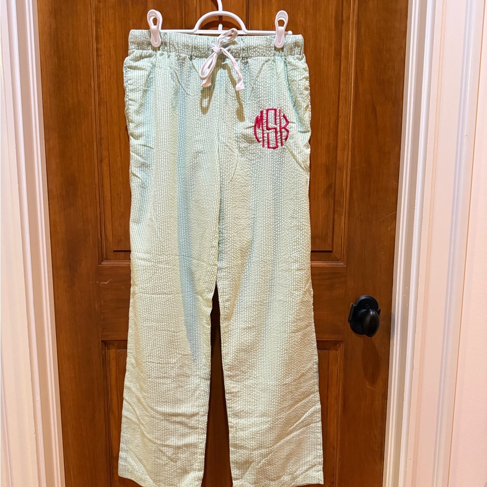 Green & White Seersucker Pajama Pants with “MSK” Monogram